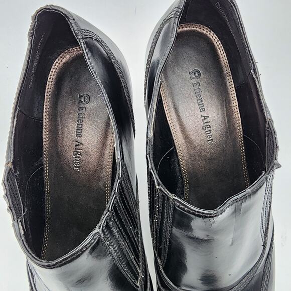 Etienne Aigner Wingtip Ankle Boots Size 9.5M Black 3" Stack Heel Brogue Witchy - Picture 6 of 16